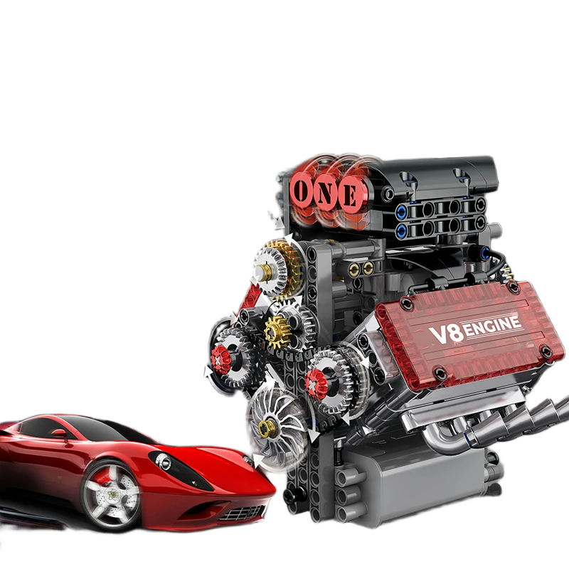 نموذج مجسم محرك V8 ميكانيكي بمكعبات البناء مع تشغيل كهربائي بطول 15 سم | Technical V8 Engine Building Blocks Model with Electric Motor Simulation 15cm - الصورة 2