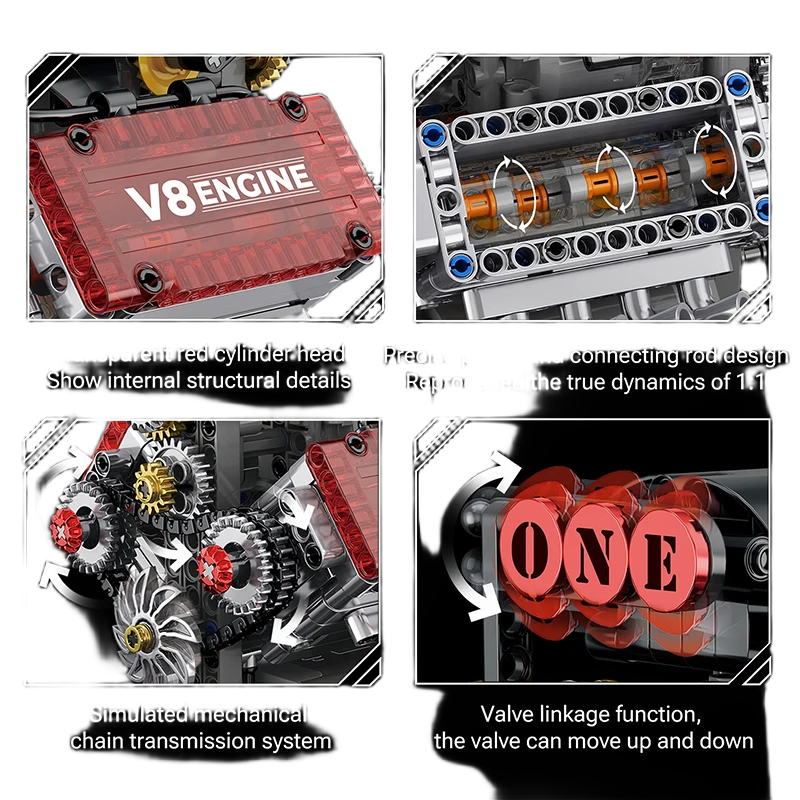 نموذج مجسم محرك V8 ميكانيكي بمكعبات البناء مع تشغيل كهربائي بطول 15 سم | Technical V8 Engine Building Blocks Model with Electric Motor Simulation 15cm - الصورة 5